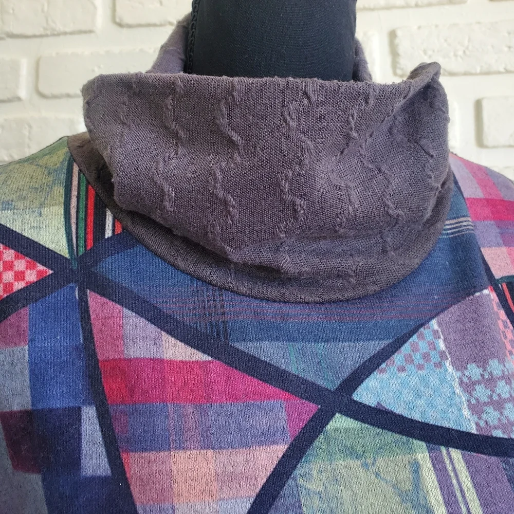 Smash! Abstract Patchwork Midi Cowl Neck Sweater Dress Short Sleeves Boho Hippie - Picture 8 of 16